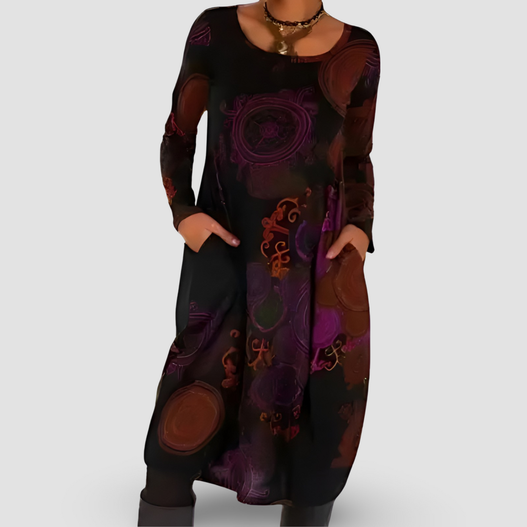 Tilly | Abstract Print Long Sleeve Dress with Side Pockets