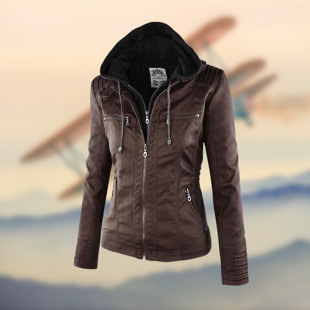 Caroline | Stylish Tan Leather Jacket with Hood