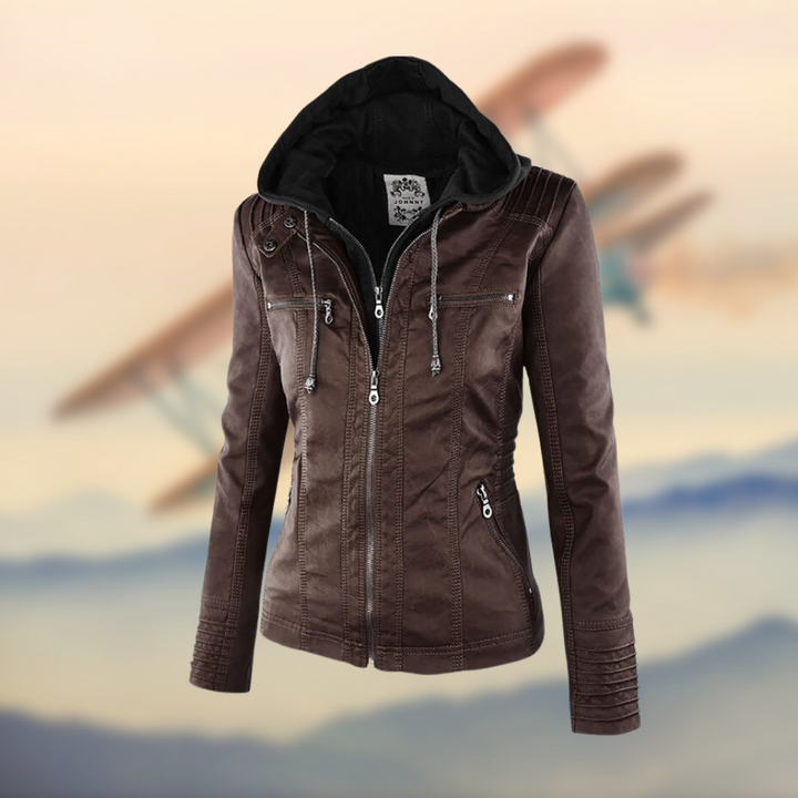 Caroline | Stylish Tan Leather Jacket with Hood
