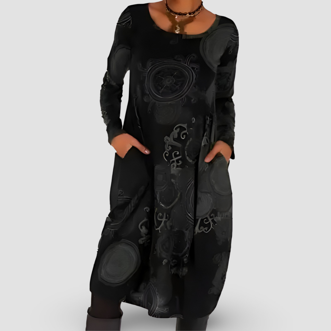 Tilly | Abstract Print Long Sleeve Dress with Side Pockets