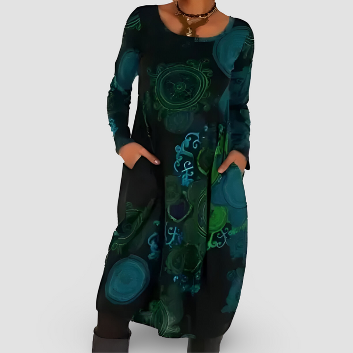 Tilly | Abstract Print Long Sleeve Dress with Side Pockets