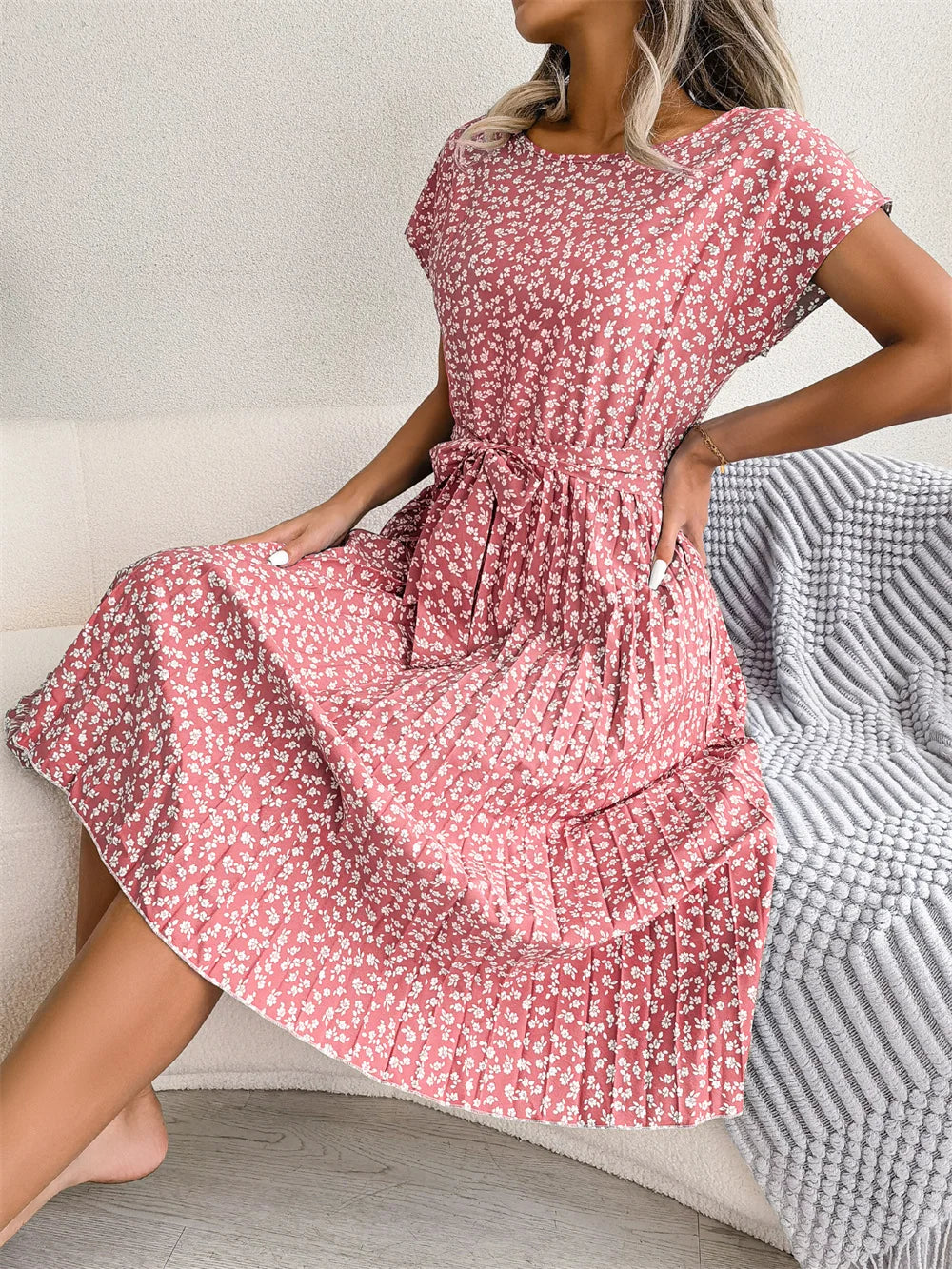 Isabelle | Pleated Floral Dress with Tie