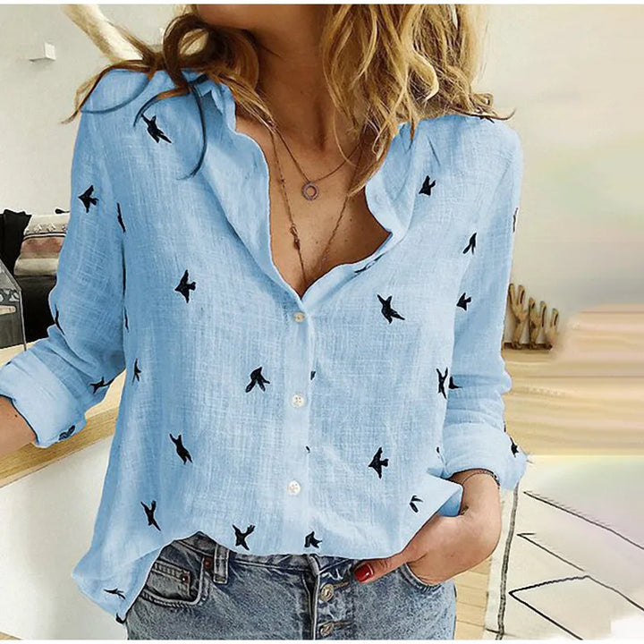 Cathy | Relaxed Bird-Print Button-Up Blouse