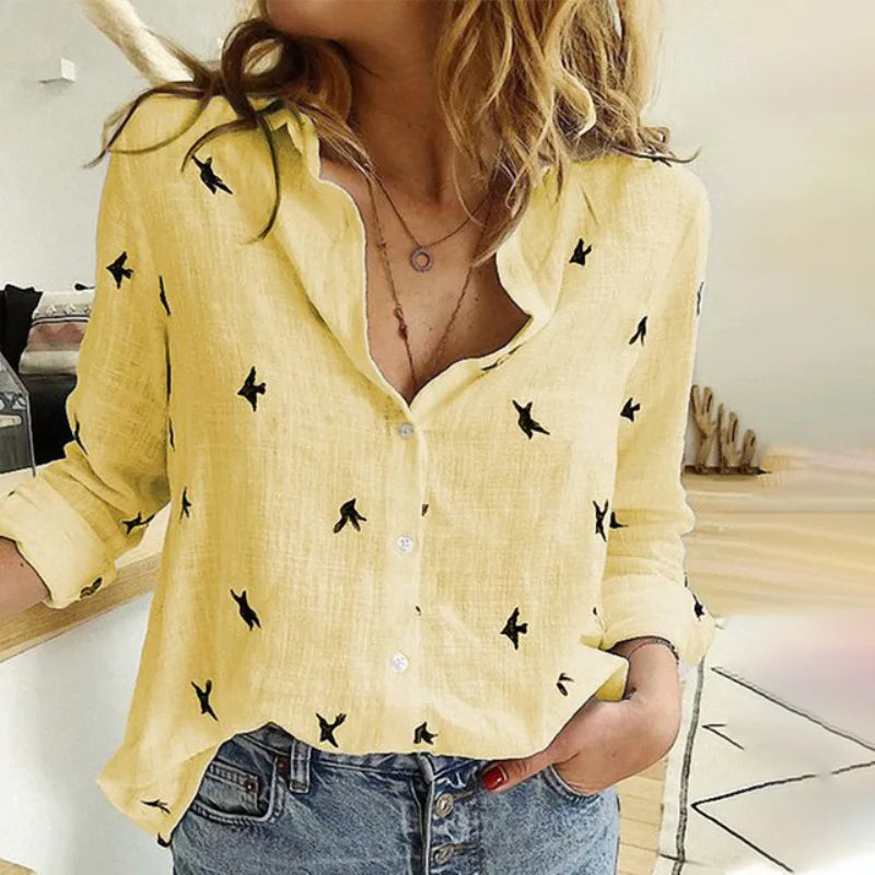 Cathy | Relaxed Bird-Print Button-Up Blouse