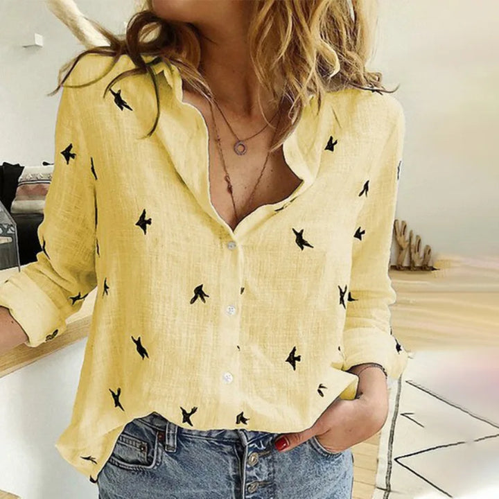 Cathy | Relaxed Bird-Print Button-Up Blouse
