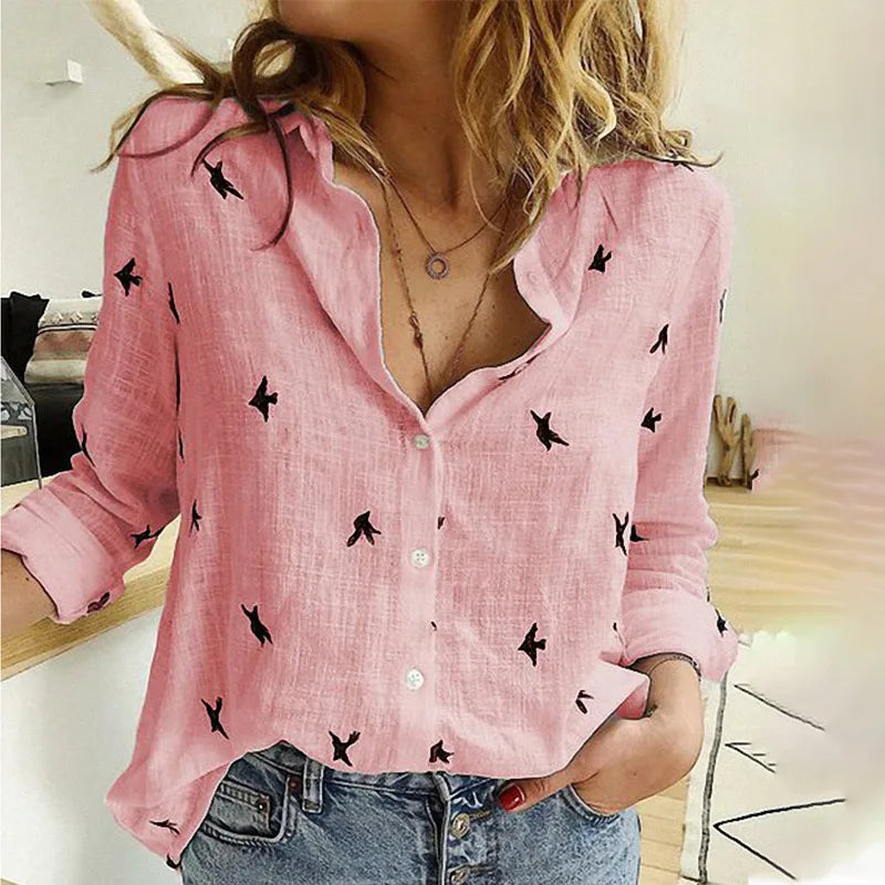 Cathy | Relaxed Bird-Print Button-Up Blouse