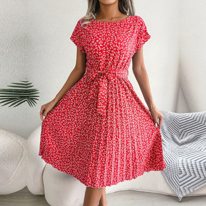 Isabelle | Pleated Floral Dress with Tie