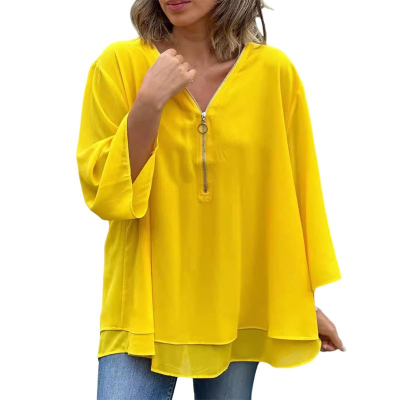 Melanie | Chiffon Zipper Top With V-neck
