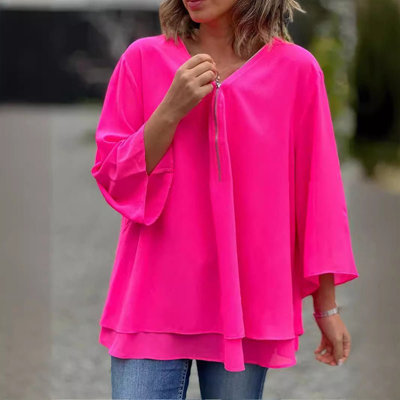 Melanie | Chiffon Zipper Top With V-neck