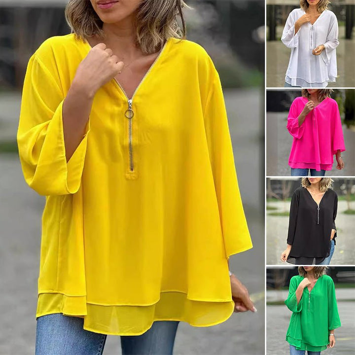 Melanie | Chiffon Zipper Top With V-neck