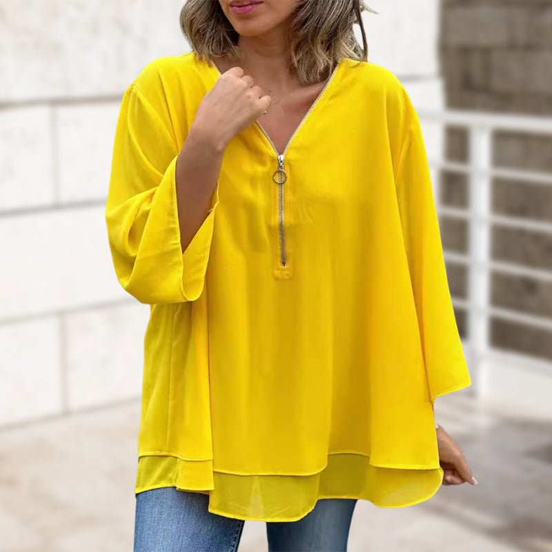 Melanie | Chiffon Zipper Top With V-neck