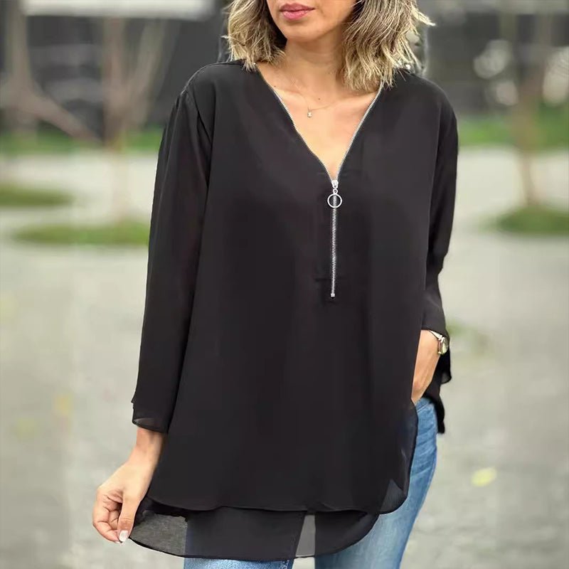 Melanie | Chiffon Zipper Top With V-neck