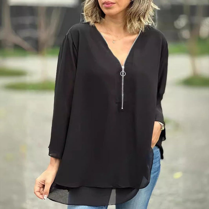 Melanie | Chiffon Zipper Top With V-neck
