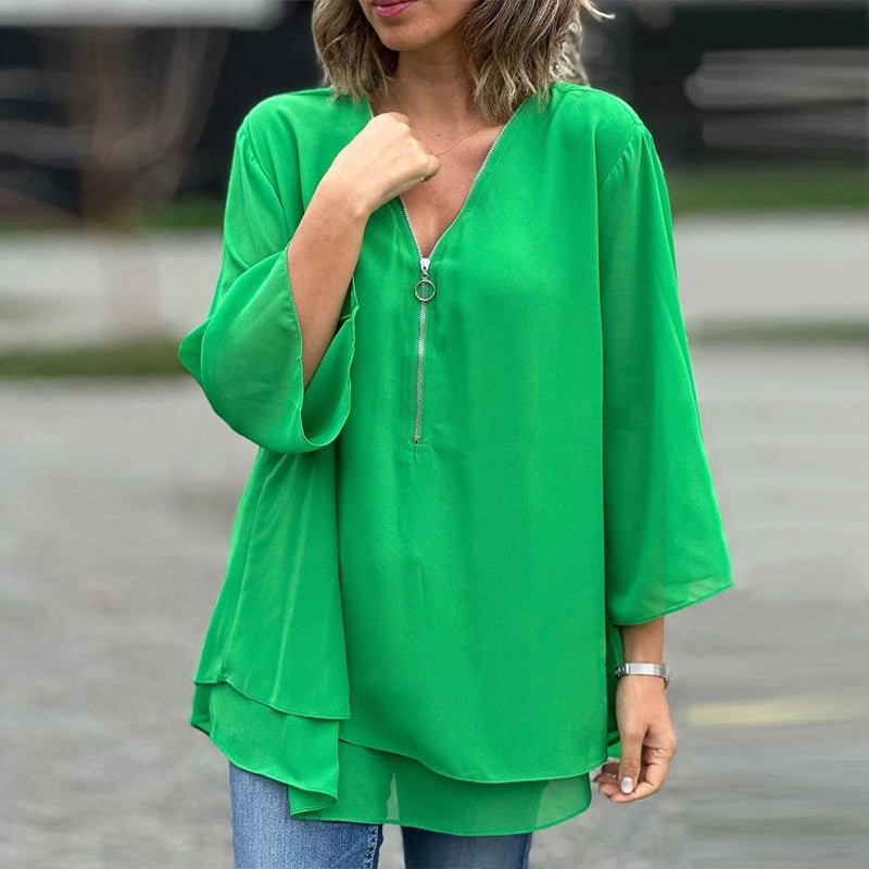 Melanie | Chiffon Zipper Top With V-neck