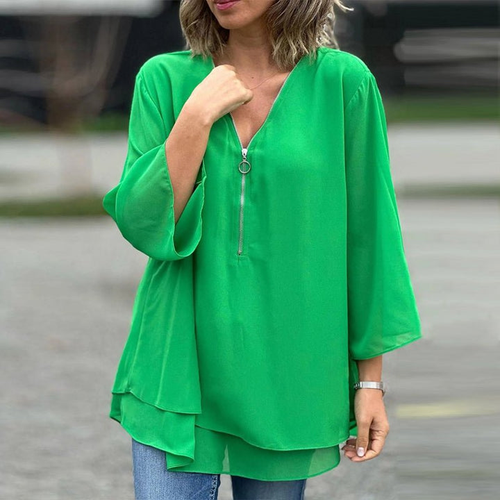 Melanie | Chiffon Zipper Top With V-neck